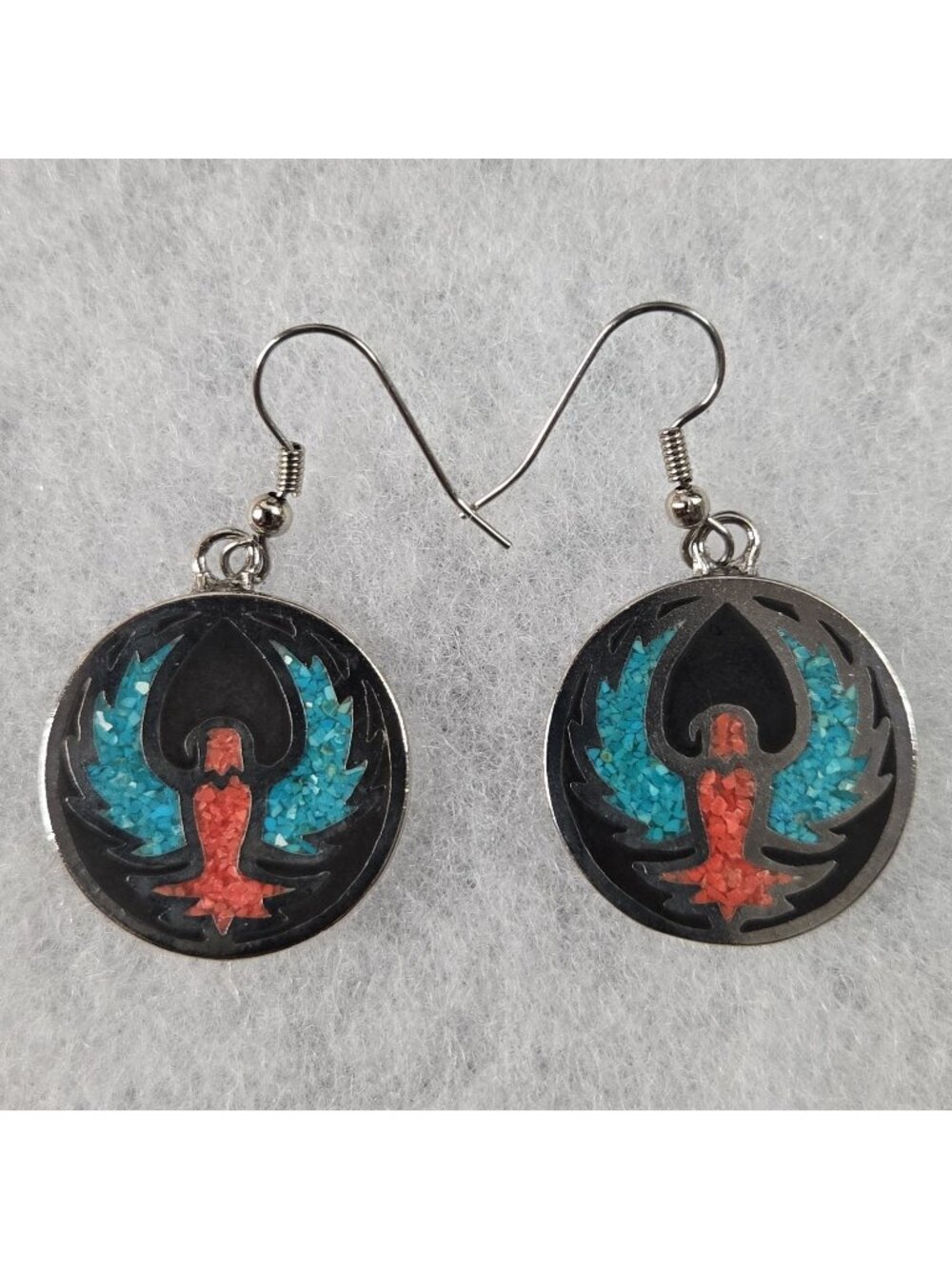 Native American Drop Dangle Earrings Phoenix Rising Silver Tone Turquoise Coral